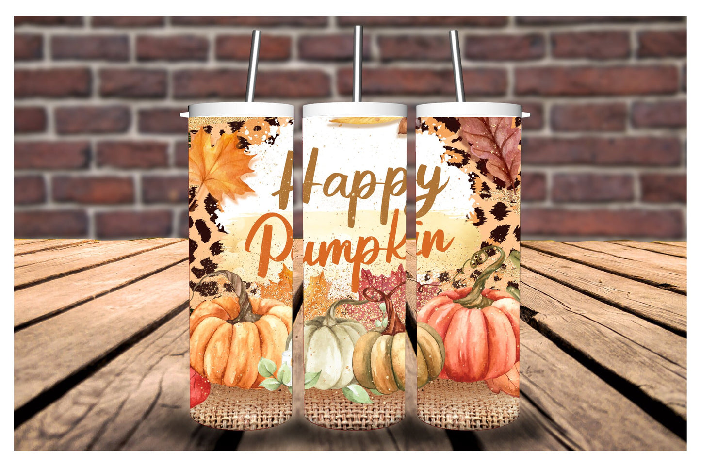 Happy Pumpkin Tumbler with Pumpkins in a Fall Setting