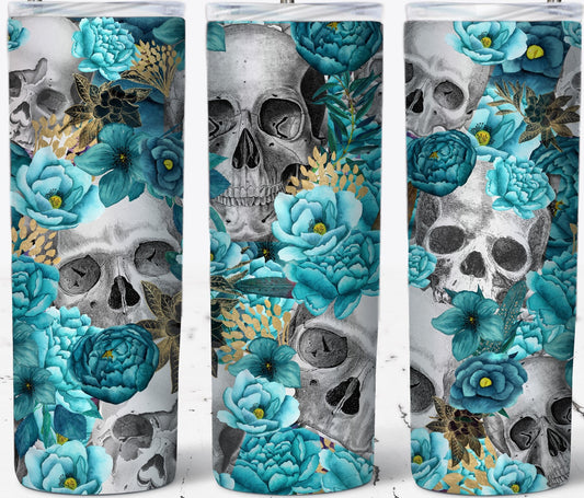 Glow-in-the-dark Skulls with Teal Flowers Tumbler