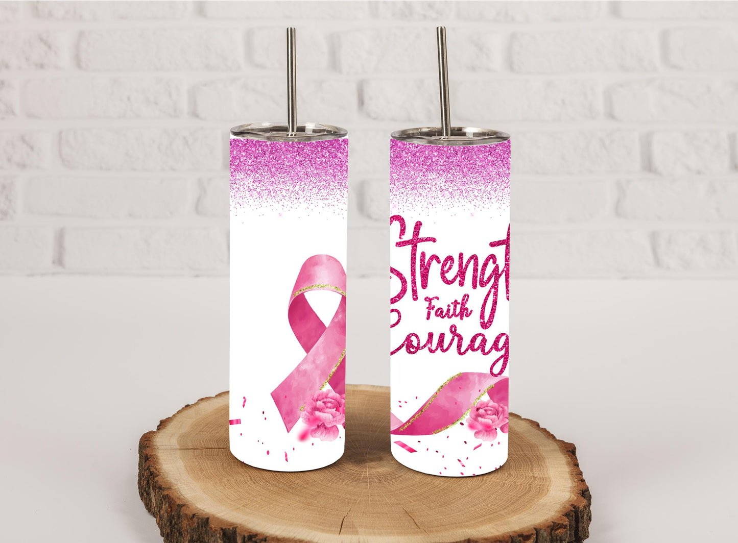 Strength, Faith, Courage Tumbler with Pink Ribbon | Inspirational for Breast Cancer Awareness | Perfect for Daily Use & Supportive Gift!