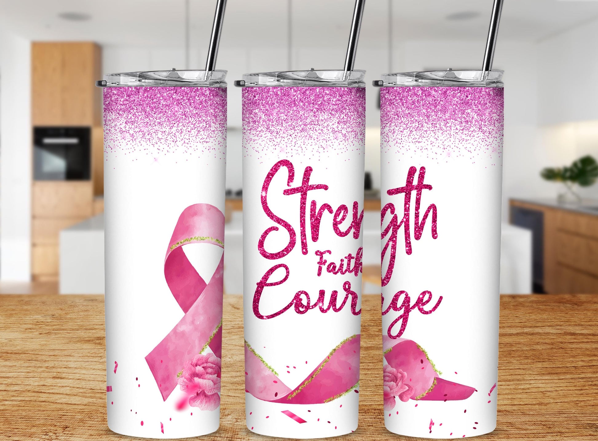 Strength, Faith, Courage Tumbler with Pink Ribbon | Inspirational for Breast Cancer Awareness | Perfect for Daily Use & Supportive Gift!