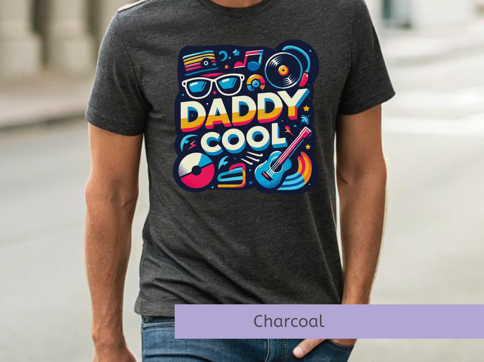 Father Day Gift Tshirt Music Lover Design Vintage Record Pattern Classic Rock Style Guitar Collection Premium Cotton Essential Blue Color Scheme Retro Band Fan Present Summer Casual Wear Comfortable Daily Fit Cool Dad Package