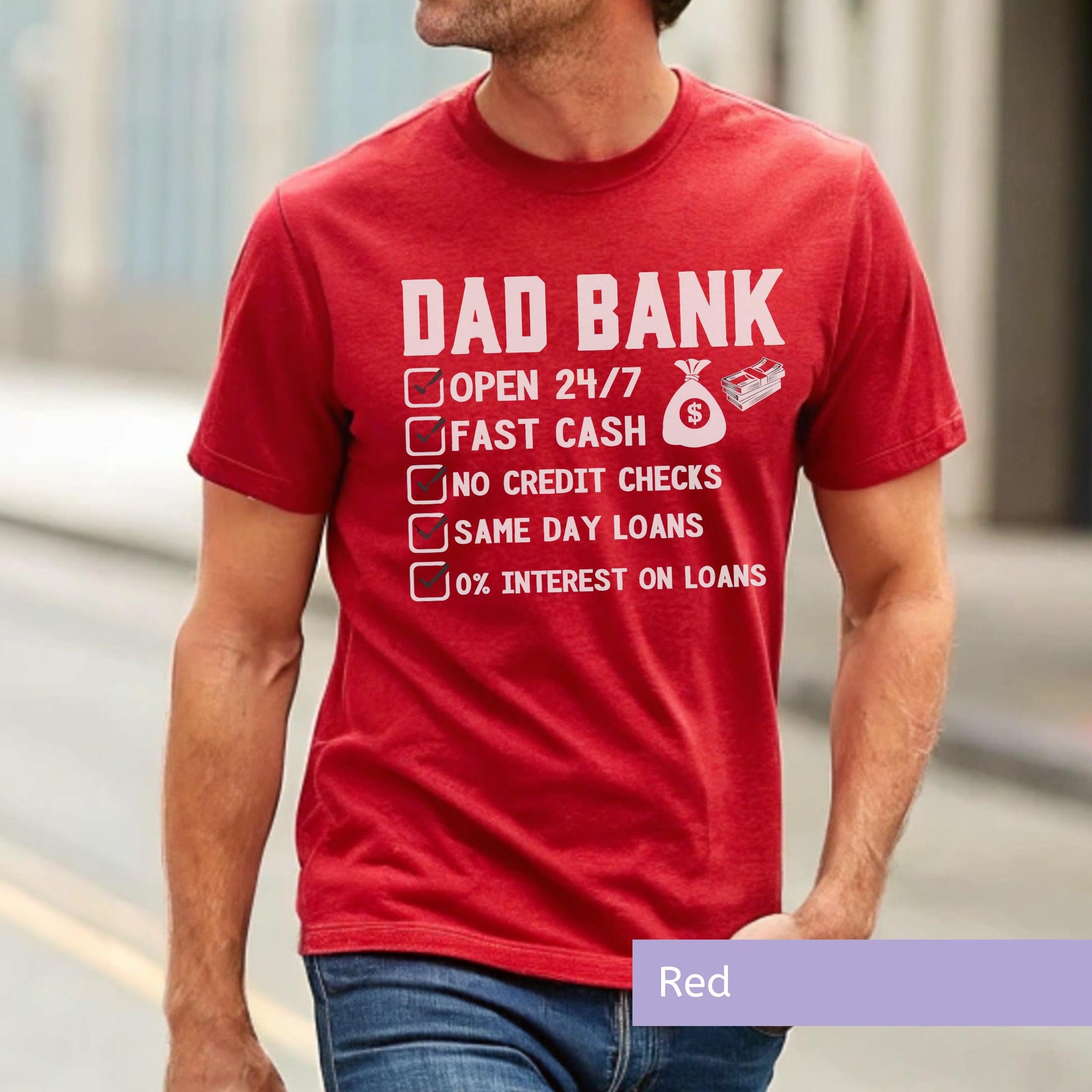 Dad Money Bank Design Funny Father Tshirt Premium Cotton Material Perfect Birthday Gift New Dad Present Comfortable Casual Style Multiple Color Options Humorous Graphic Collection Essential Wardrobe Addition Special Occasion Wear Family