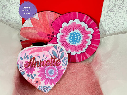 Car Coaster Set Keychain Red Floral Car Accessories Bundle Custom Car Interior Decor Cup Holder Sweet 16 Gift Heart Shape New Driver Mothers Day Gift