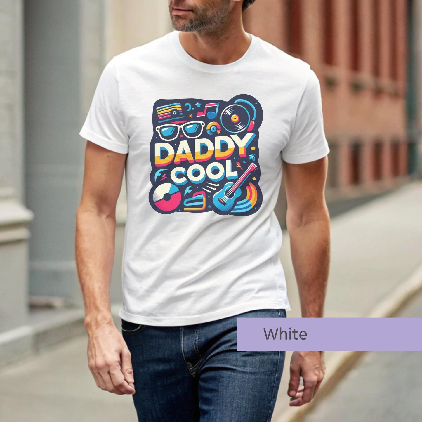 Daddy Cool Tshirt Music Theme Design Vintage Record Pattern Guitar Lover Style Perfect Father Day Present Classic Rock Collection Summer Casual Wear Premium Cotton Essential Blue Color Scheme Retro Band Fan Gift Comfortable Fit