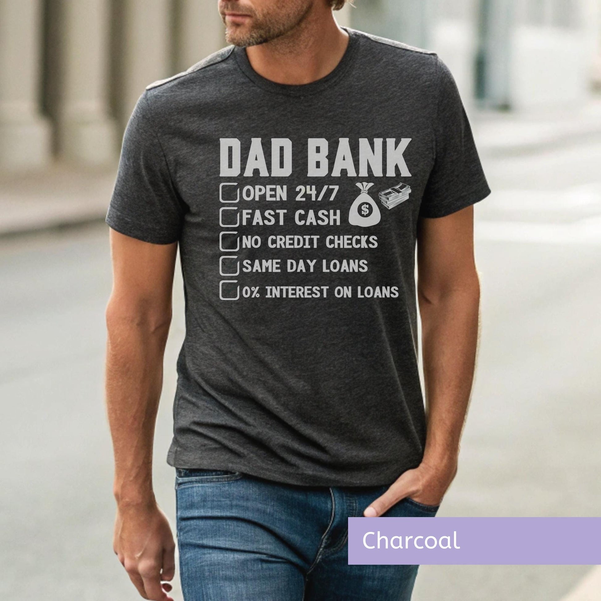 Cotton Graphic Tshirt Funny Dad Bank Design Perfect Father Day Gift Birthday Present Collection Premium Material Comfortable Daily Wear Multiple Size Options New Dad Essential Modern Style Family Celebration Wear Special Occasion Gift