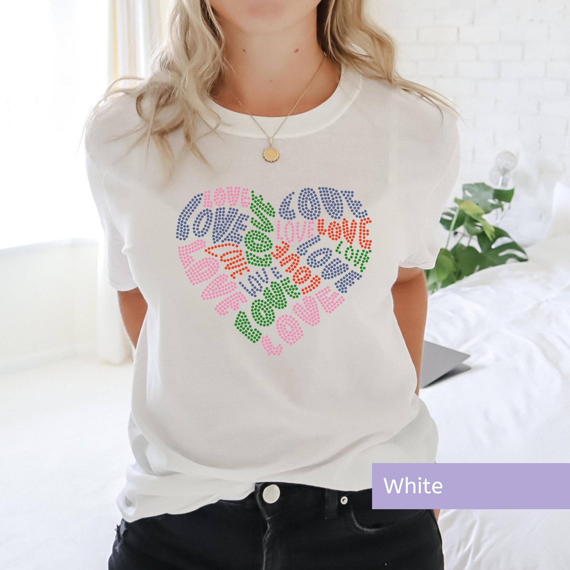 Rhinestone Heart Tshirt Valentine Love Design Women Special Occasion Top Pink Fashion Statement Handmade Crystal Details Perfect Date Night Outfit Gift For Mom Sister Beautiful Bling Decoration Romantic Present Sparkling Fashion Essential