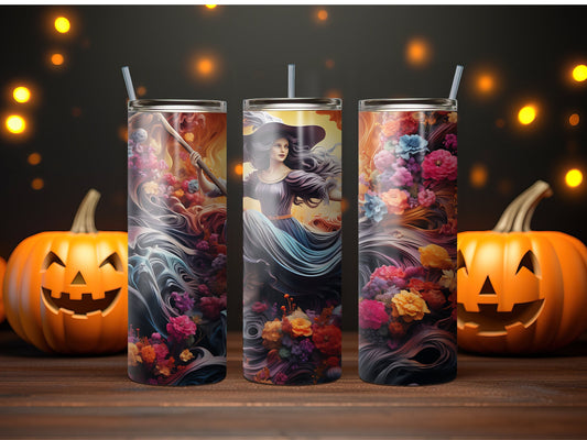 Witch with Broom Floating Among Flowers Tumbler