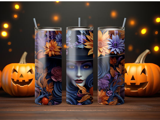 Witch Face Emerging from Fall Flowers Tumbler